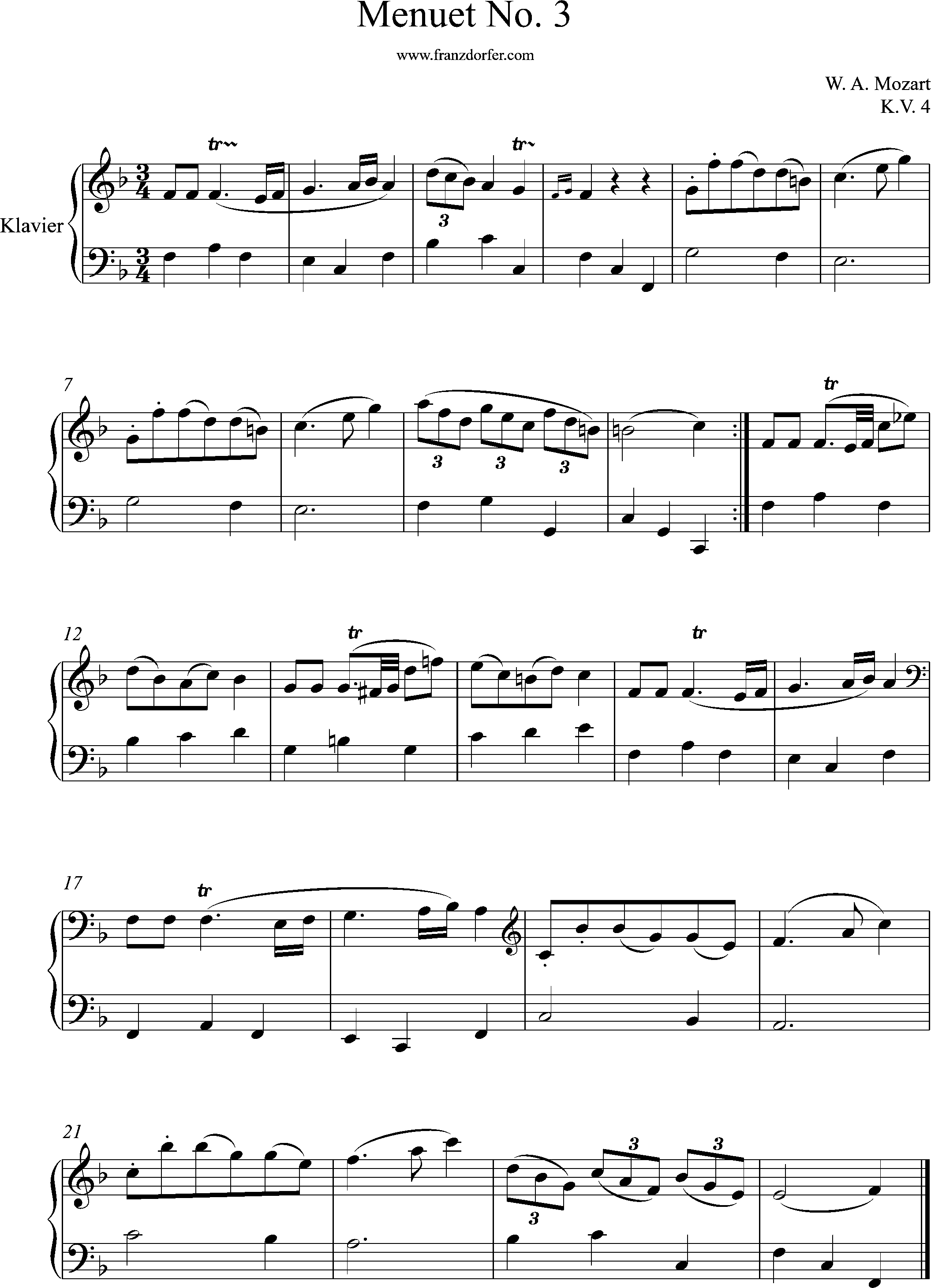 klaviernote, Menuet no 3, Kv 4, F-Dur